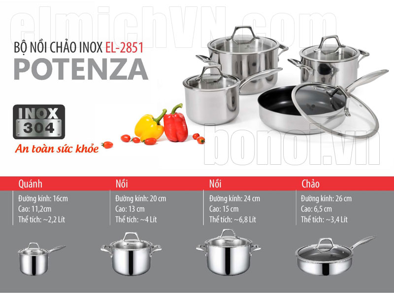 Bộ nồi inox Elmich Potenza EL-2851 inox 304 an toàn cho sức khỏe