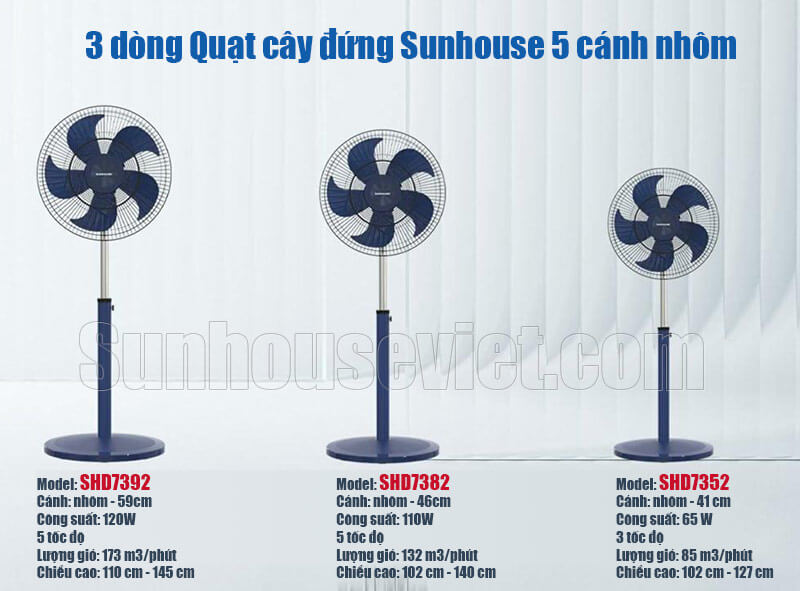 3 dòng quạt đứng Sunhouse 5 cánh nhôm gió mạnh máy bền