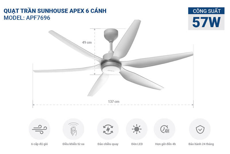 Quạt trần đèn Sunhouse APEX APF7696 động cơ DC tiết kiệm điện