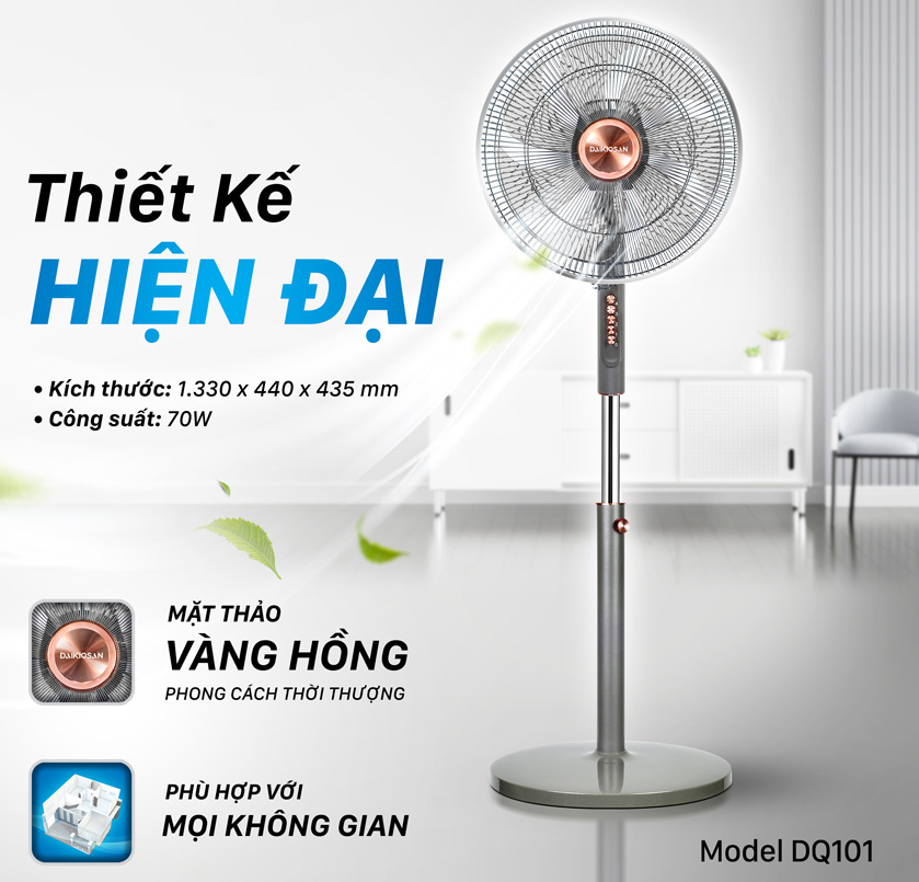 Quạt đứng Daikiosan DQ101 gây ấn tượng ngay từ cái nhìn đầu tiên với thiết kế sang trọng kiểu dáng nhỏ gọn