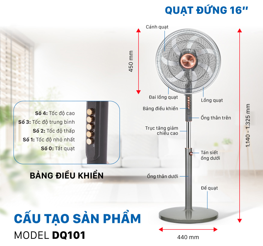 Quạt cây Daikiosan DQ101 lifestyle giải thích các chi tiết sử dụng trên quạt cây giá rẻ