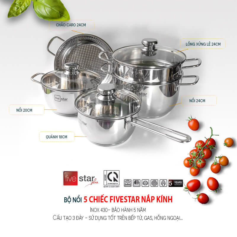 Bộ 5 nồi inox 430 Fivestar FSB5002 đáy 3 lớp nắp kính