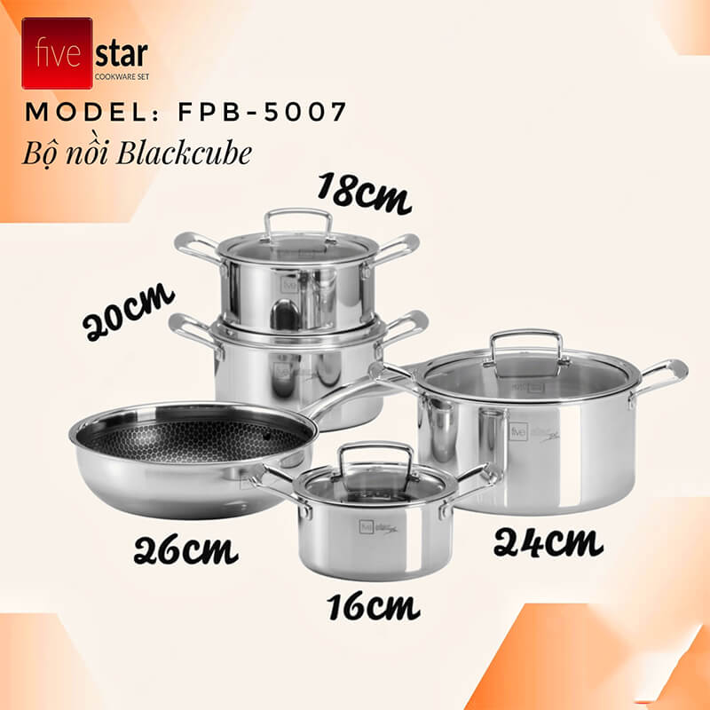 Bộ nồi inox 304 Fivestar Blackcube FPB5007 5 chiếc nắp kính
