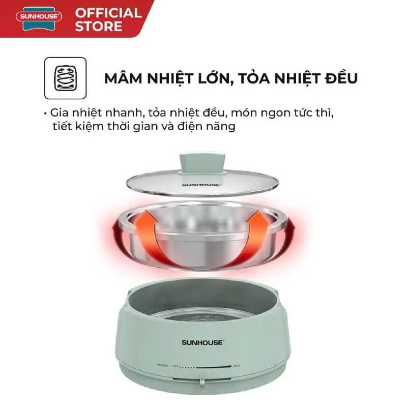 Mâm nhiệt lớn giúp nhiệt lan tỏa đều khắp đáy nồi