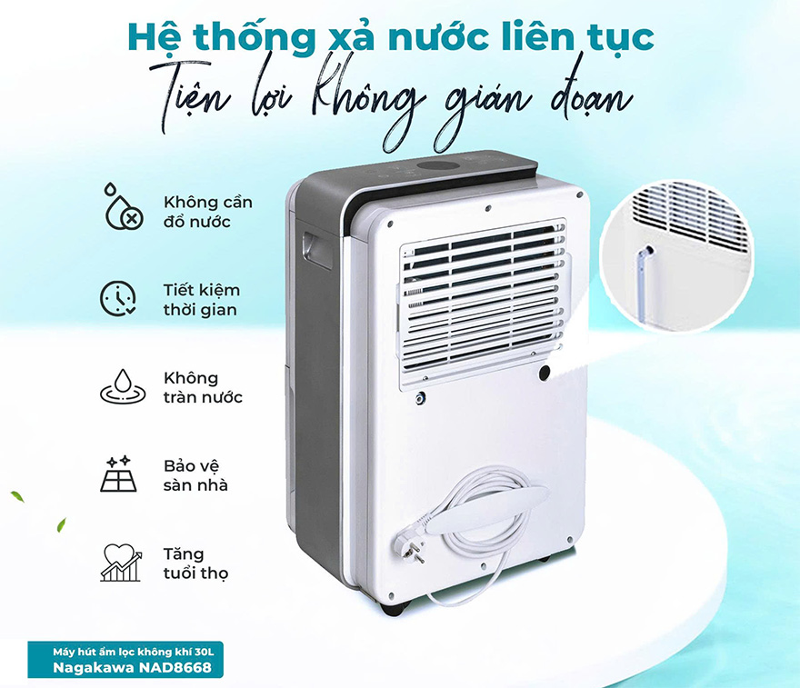 Máy hút ẩm 30L Nagakawa NAD8668 có chức năng xả liên tục không cần phải đổ nước