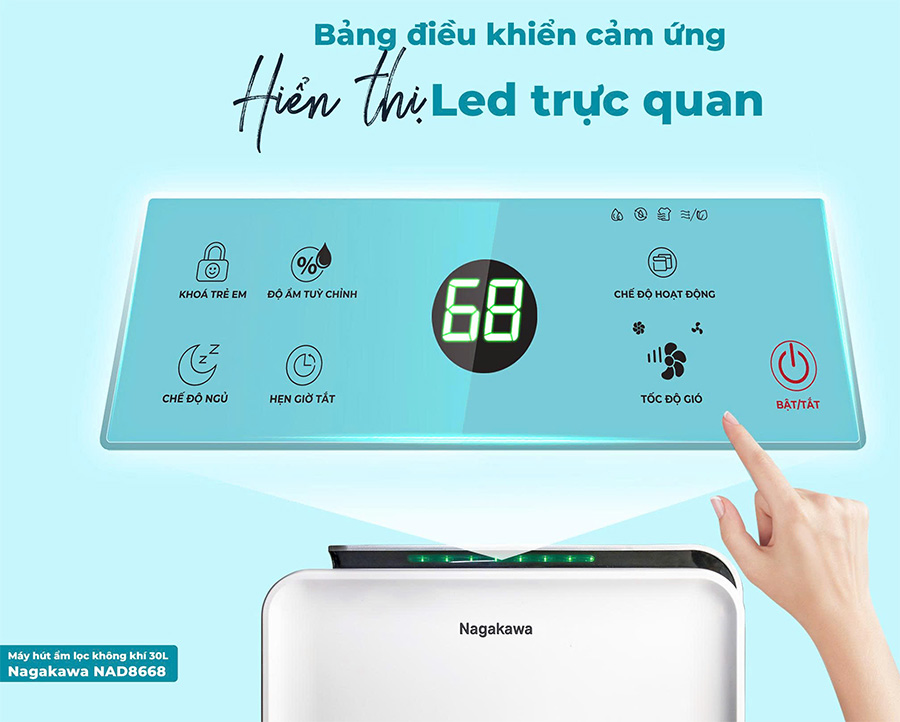 Máy lọc không khí Nagakawa NAD8668 Điều Khiển Cảm Ứng Hiện Đại và Trực Quan