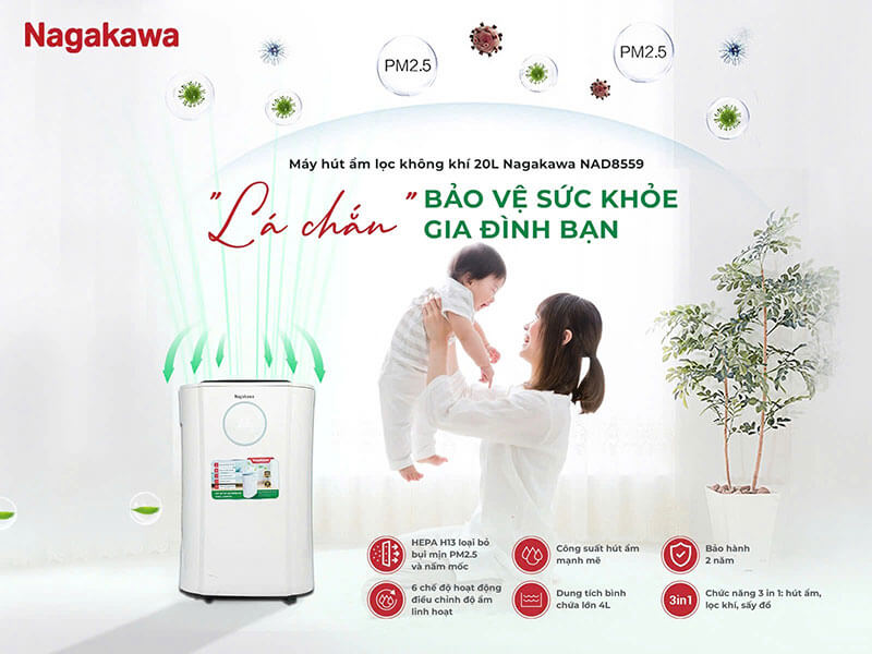 Máy hút ẩm lọc không khí Nagakawa 20L NAD8559