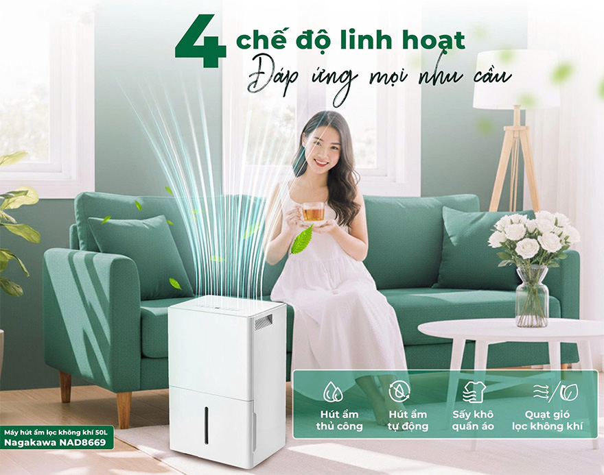 Máy hút ẩm Nagakawa NAD8669 50L hỗ trợ 4 chế độ tiện ích
