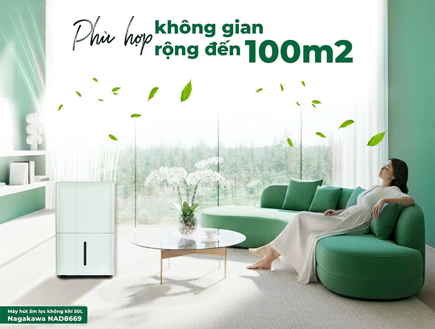 Máy hút ẩm lọc không khí Nagakawa NAD8669 50L rộng phù hợp không gian tới 100m