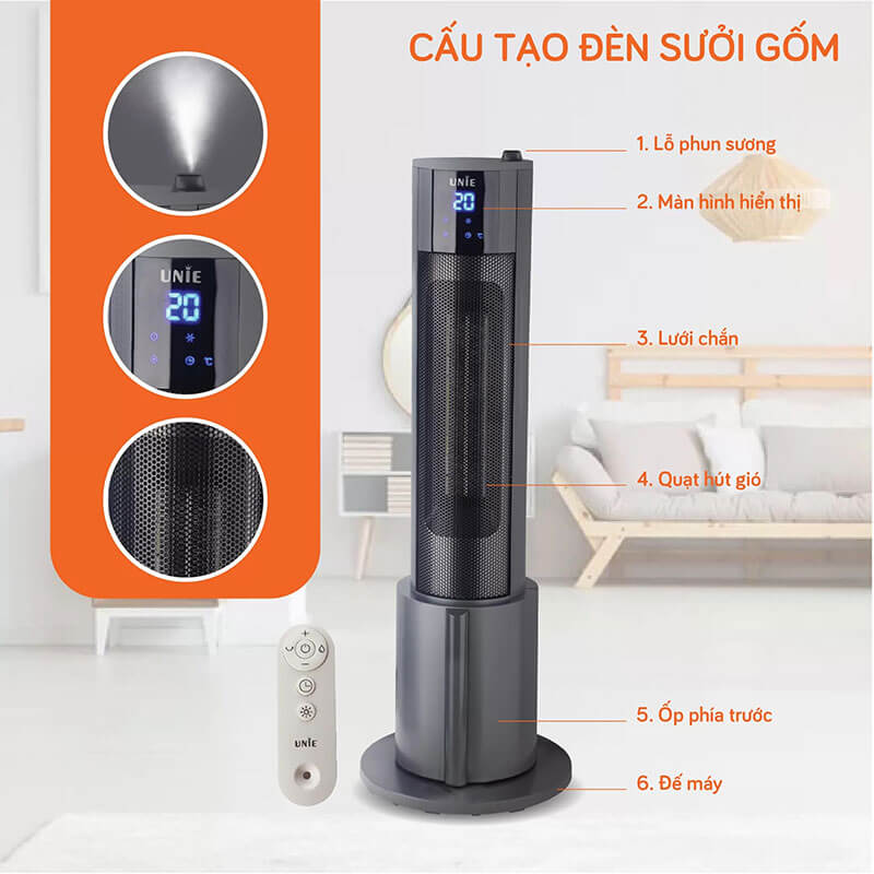 Máy sưởi gốm UNIE UE-129 2200W phun sương tạo ẩm có điều khiển
