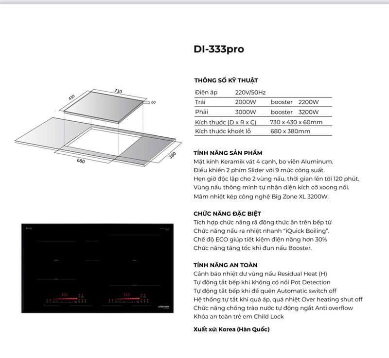 Thông số kỹ thuật bếp từ Kocher cao cấp