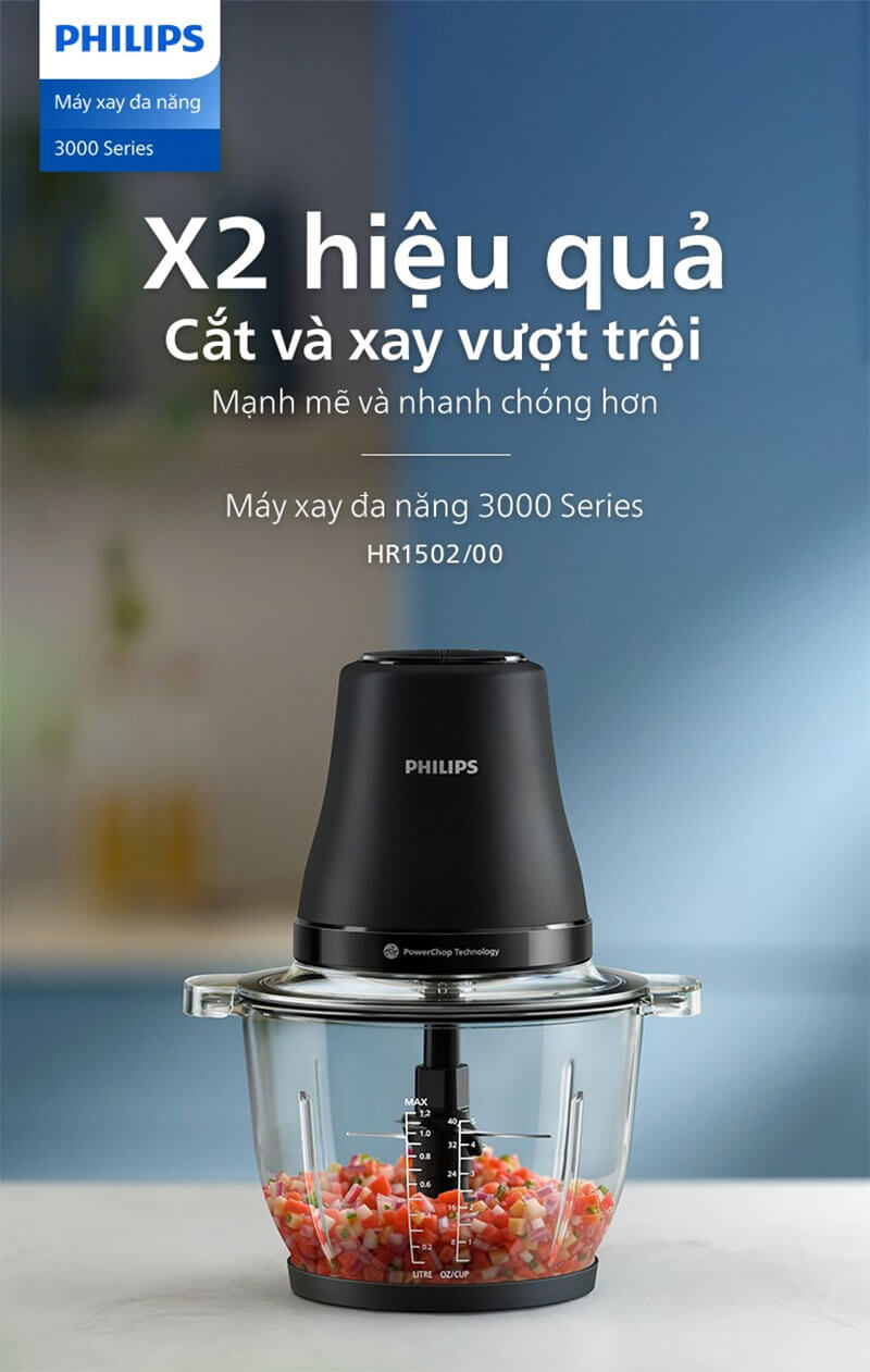 Công suất 500W mạnh mẽ, xay thực phẩm nhanh chóng