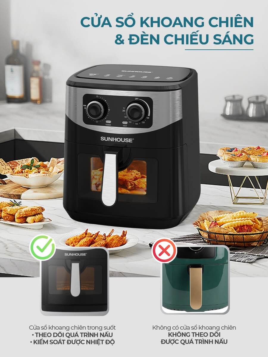Cửa sổ kính dễ quan sát của nồi chiên không dầu 10.5L SUNHOUSE SHD4038 tiện dụng