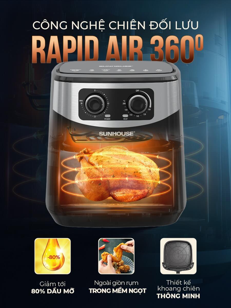 Công nghệ Rapid Air 360 độ của nồi chiên không dầu 10.5L SUNHOUSE SHD4038 giúp thực phẩm chín nhanh và đều