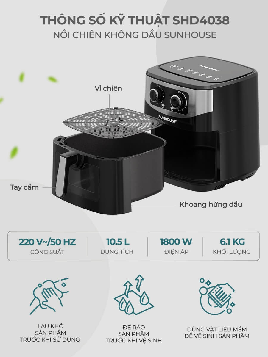 Thông số kỹ thuật của nồi chiên không dầu 10.5L SUNHOUSE SHD4038