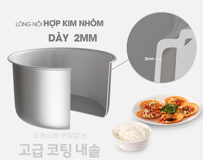 Lòng nồi hợp kim nhôm dày 2mm, truyền nhiệt nhanh và tiết kiệm điện năng