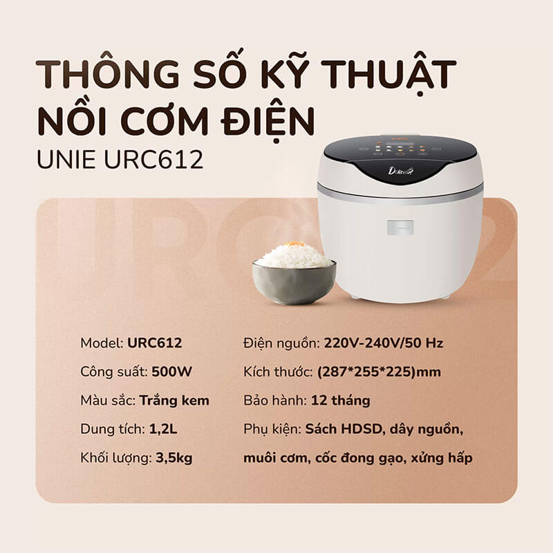 Thông số kỹ thuật nồi cơm điện tử UNIE URC612