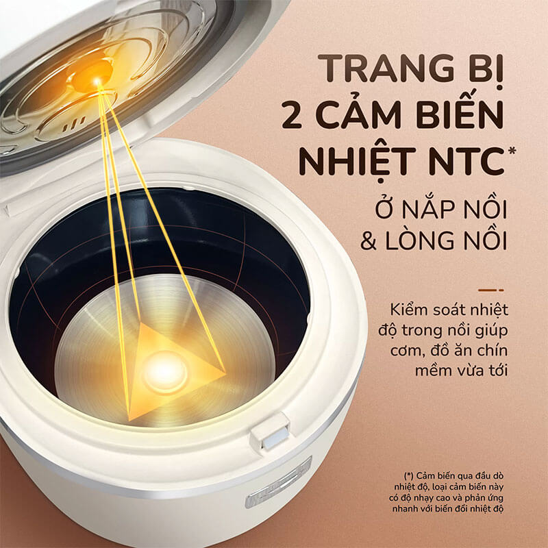 Trang bị 2 cảm biến NTC ở nắp nồi và lòng nồi