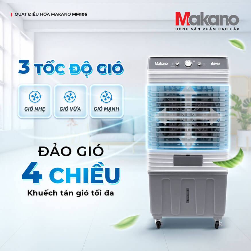 3 tốc độ gió + đảo gió 4 chiều linh hoạt – làm mát toàn diện không điểm chết