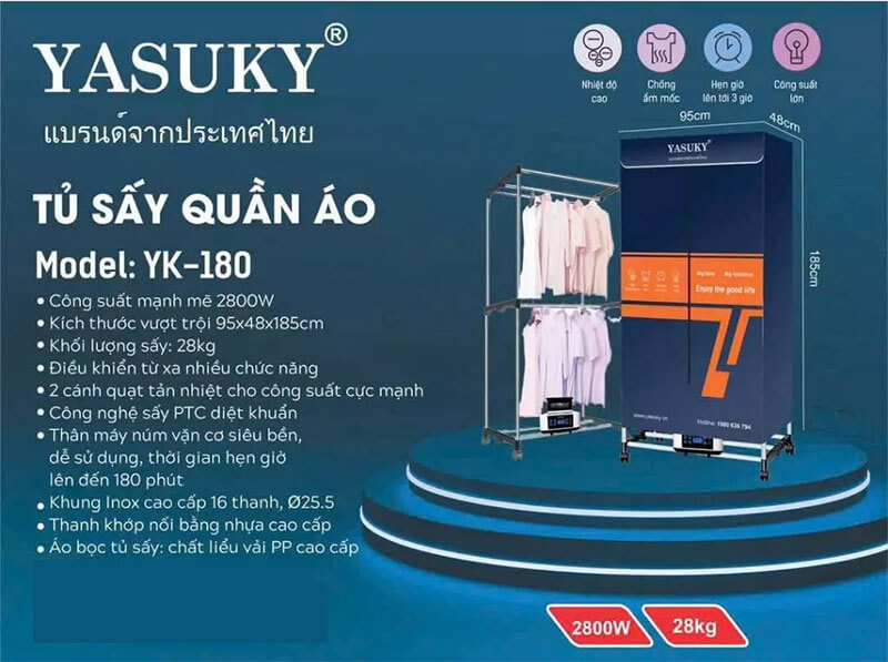Thông số kỹ thuật Tủ sấy quần áo Yasuky YK-180