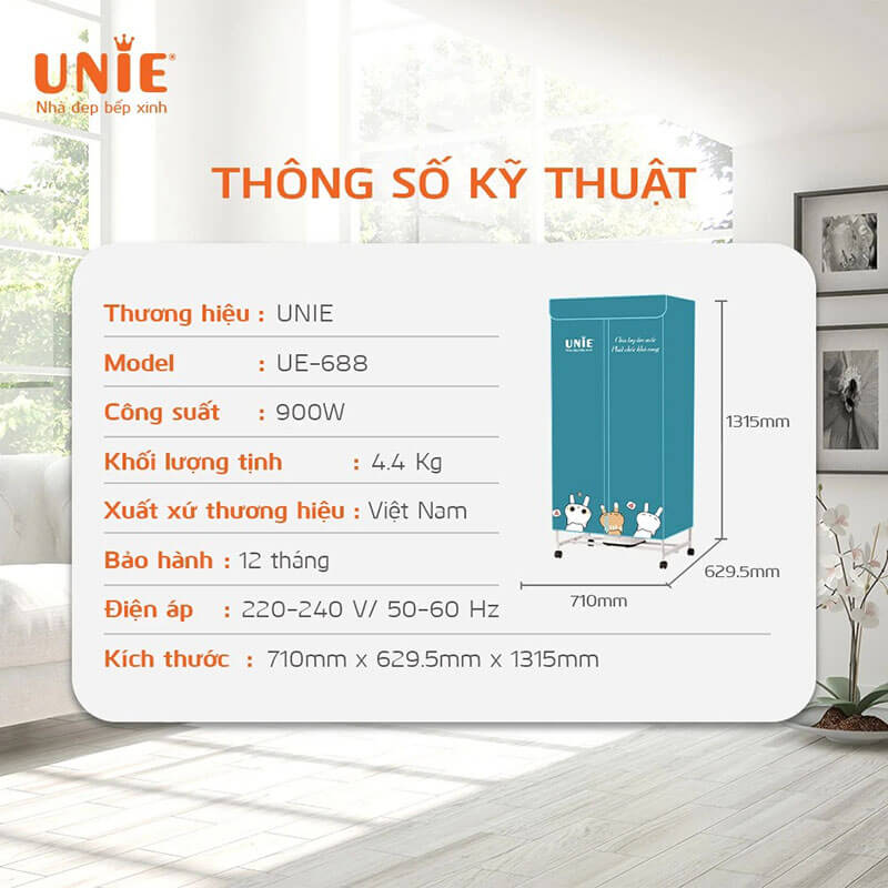 Tủ sấy quần áo UNIE UE-688 2 tầng dòng cơ 900w rộng 71cm