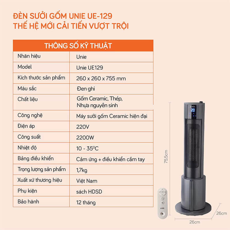 Thông số kĩ thuật Máy sưởi gốm UNIE UE-129 2200W phun sương tạo ẩm có điều khiển