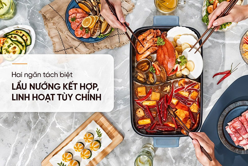 LẨU ĐIỆN 6L SUNHOUSE MAMA SHD4568 2 ngăn lẩu nướng tách biệt