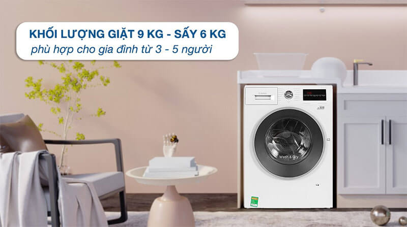 Dung tích giặt 9kg – sấy 6kg phù hợp gia đình 3–5 người