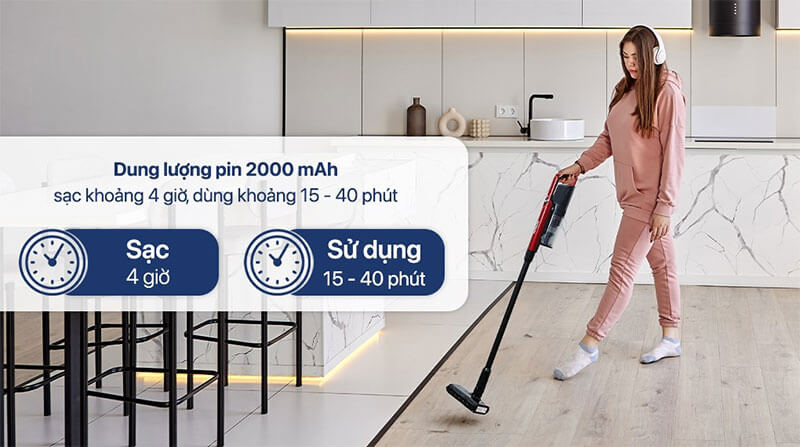 Pin Li-ion 2.000 mAh – sạc khoảng 4 giờ, sử dụng linh hoạt