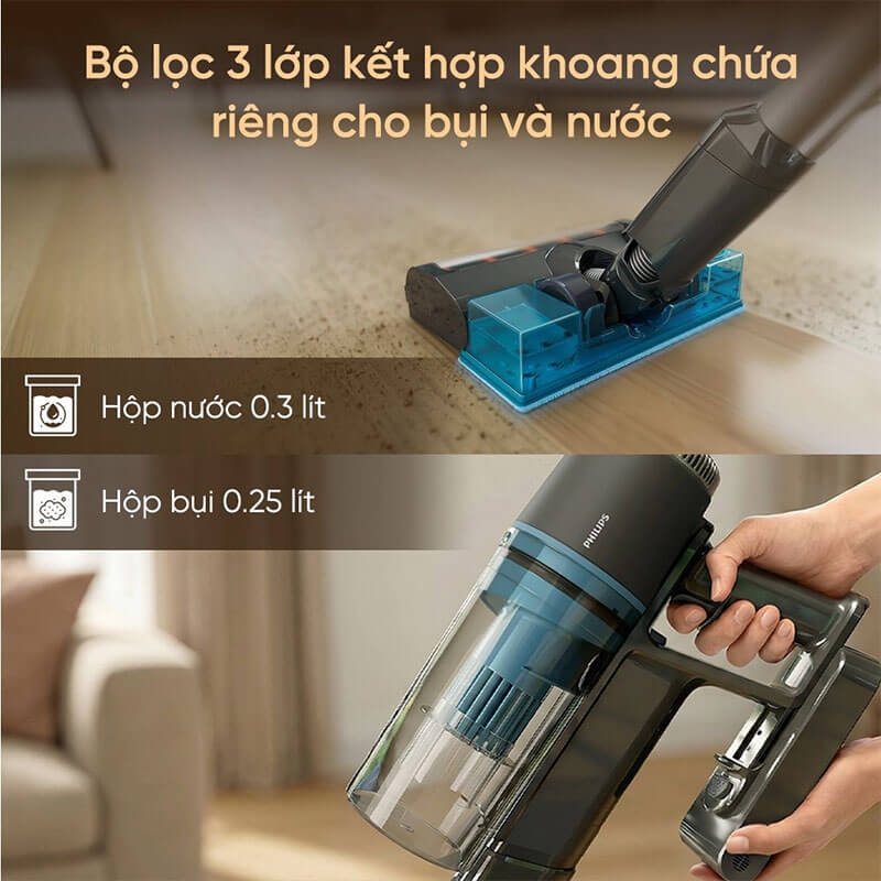 Hệ thống lọc 3 tầng kết hợp khoang chứa bụi 600ml