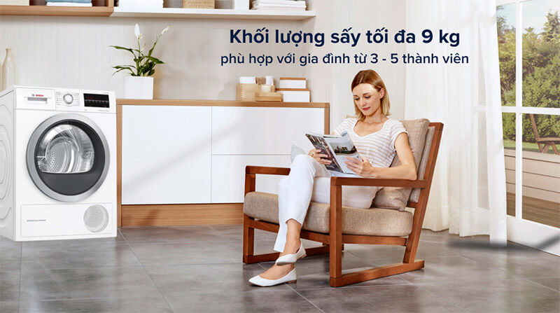 Dung tích sấy 9kg – Phù hợp tối ưu cho gia đình từ 3 đến 5 thành viên