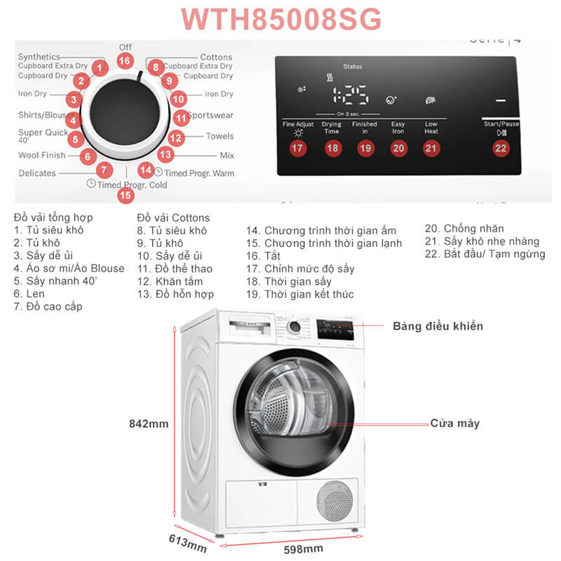 Thông số kỹ thuật máy sấy bơm nhiệt Bosch WTH85008SG