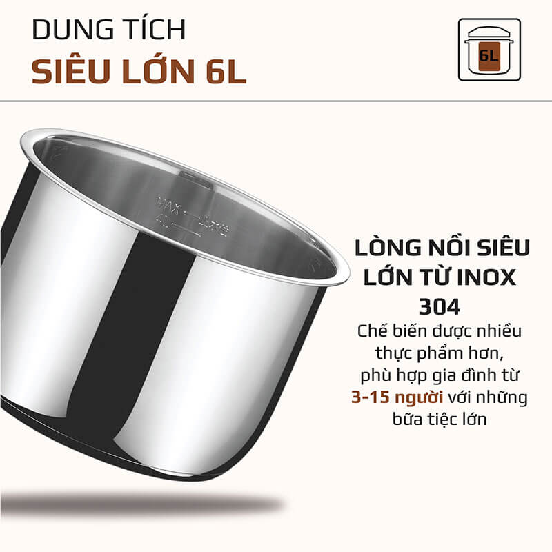 Lòng nồi inox 304 cao cấp với dung tích lớn 6 lít
