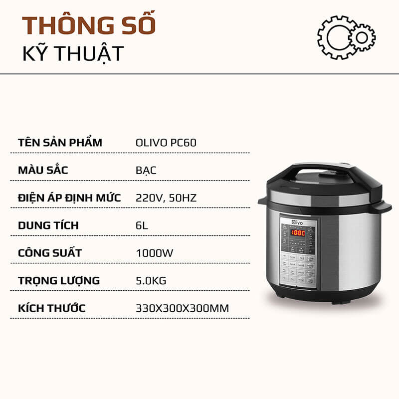 Thông số kỹ thuật Nồi áp suất điện Olivo PC60 6L