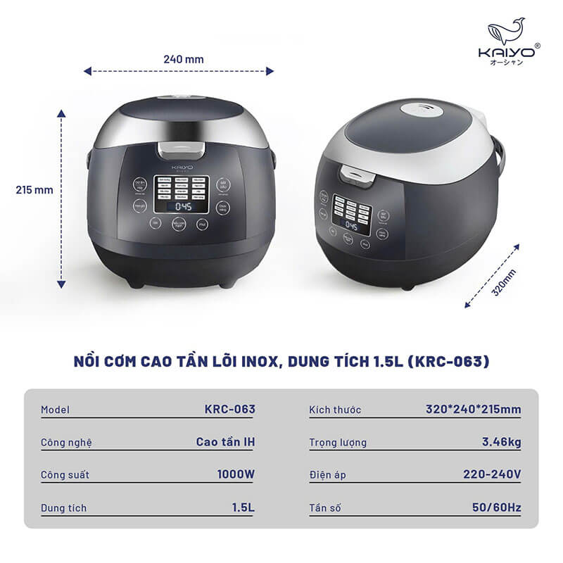 Thông số kỹ thuật nồi cơm cao tần Kaiyo KRC-063