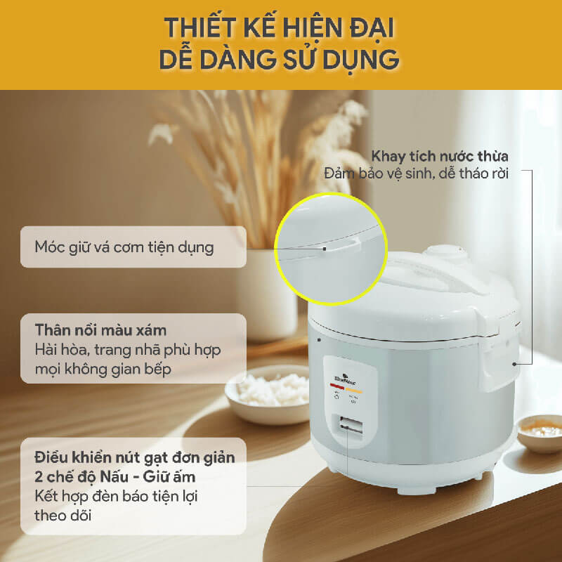 Điều khiển nút gạt đơn giản – Dễ sử dụng với 2 chế độ Nấu và Giữ ấm