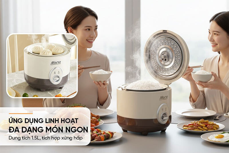 Dung tích 1.5L – phục vụ gia đình 4–6 người, tích hợp xửng hấp