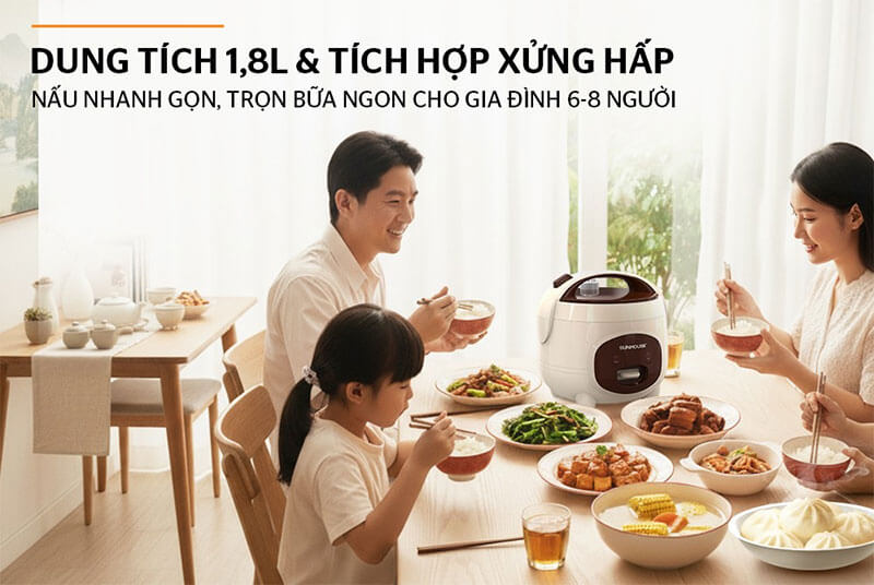 Dung tích 1.8L tích hợp xửng hấp tiện dụng