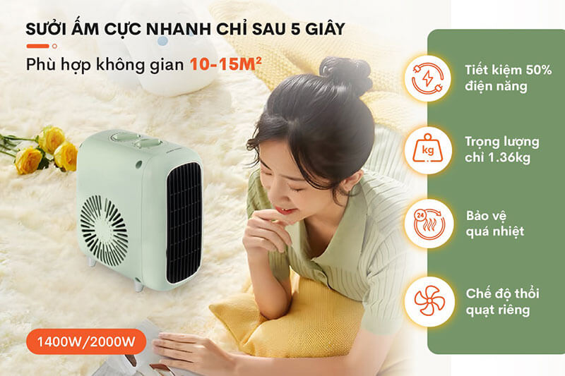 Khả năng sưởi ấm nhanh sau 5 giây, hiệu quả cho diện tích 10–15m²