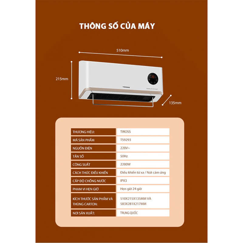 Thông số kỹ thuật máy sưởi nhà tắm Tiross TS9293