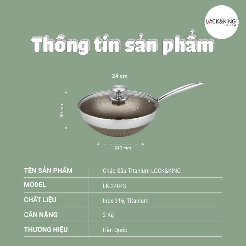 Thông số kỹ thuật Chảo sâu Titanium Lock&King LK-2404S 24cm