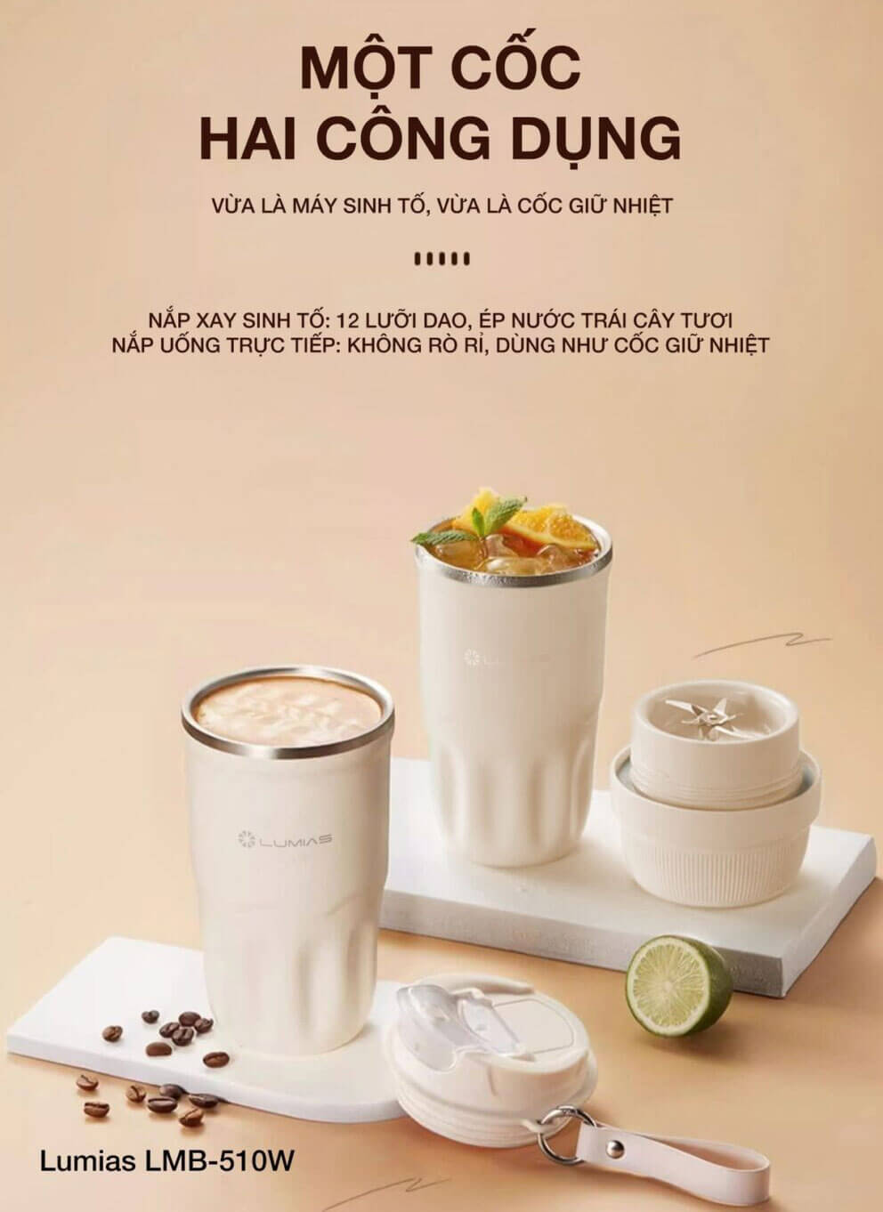 Thiết kế 2 trong 1: Máy xay kết hợp cốc giữ nhiệt tiện lợi