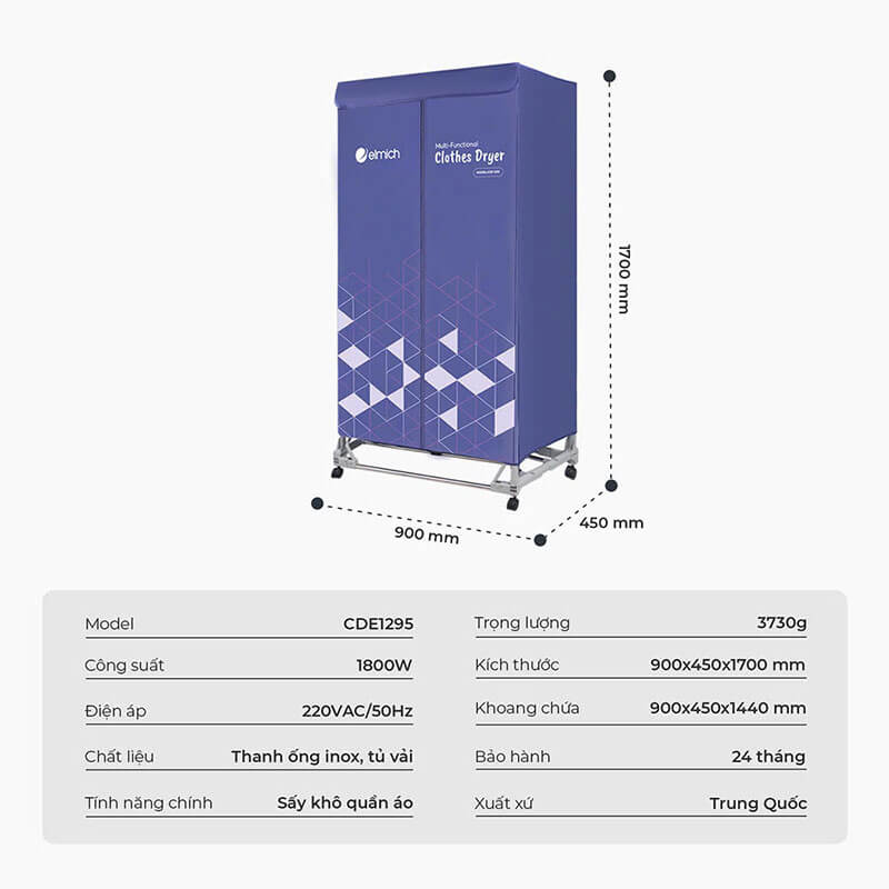 Thông số kỹ thuật chi tiết của tủ sấy quần áo Elmich CDE1295