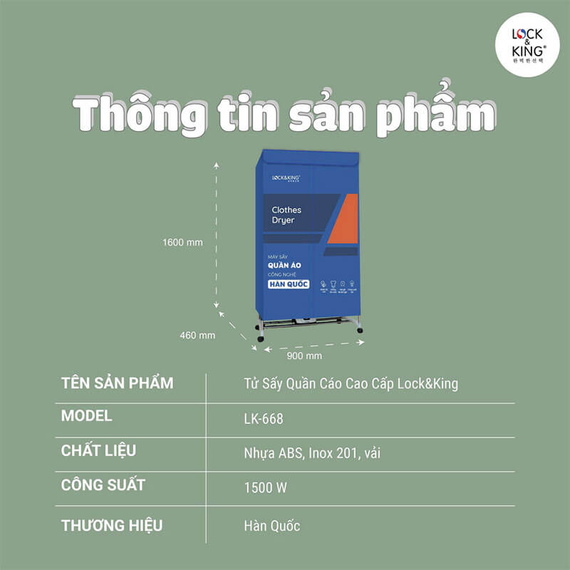 Thông số kỹ thuật Tủ sấy quần áo Lock&King LK-668