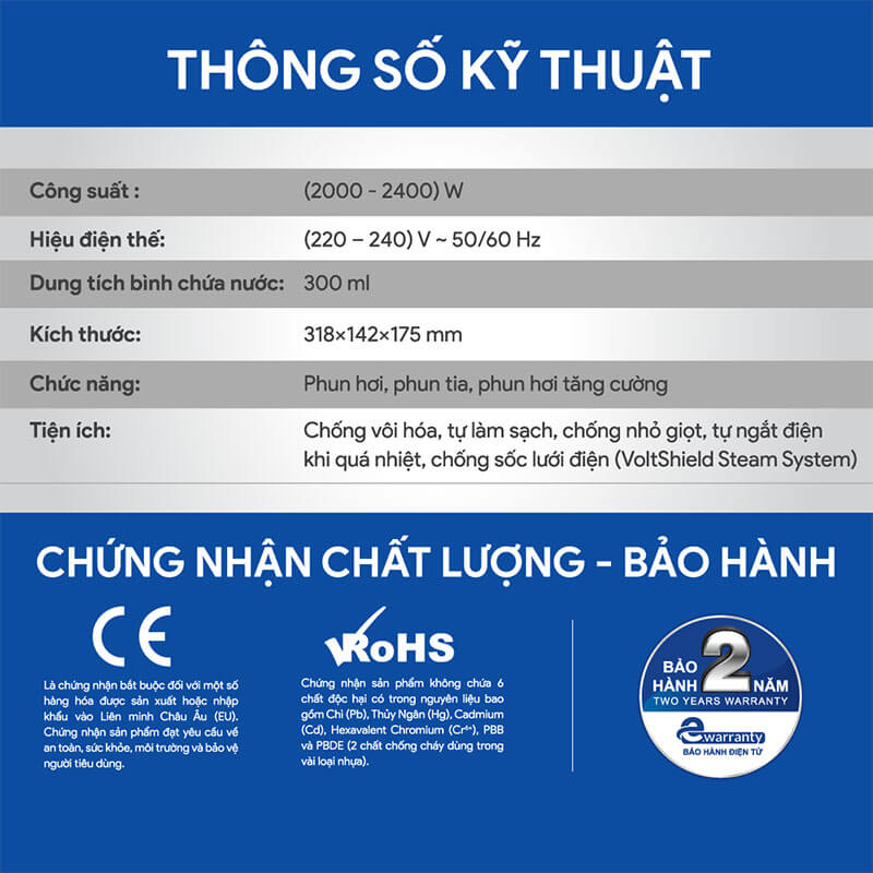 Thông số kỹ thuật chi tiết bàn ủi hơi nước BlueStone SIB-3833