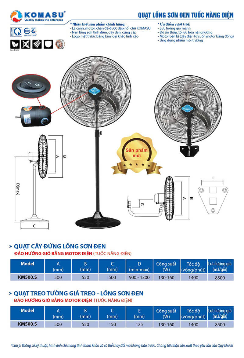 Thông Số Kỹ Thuật Quạt Treo Tường Công Nghiệp Komasu KM500.S