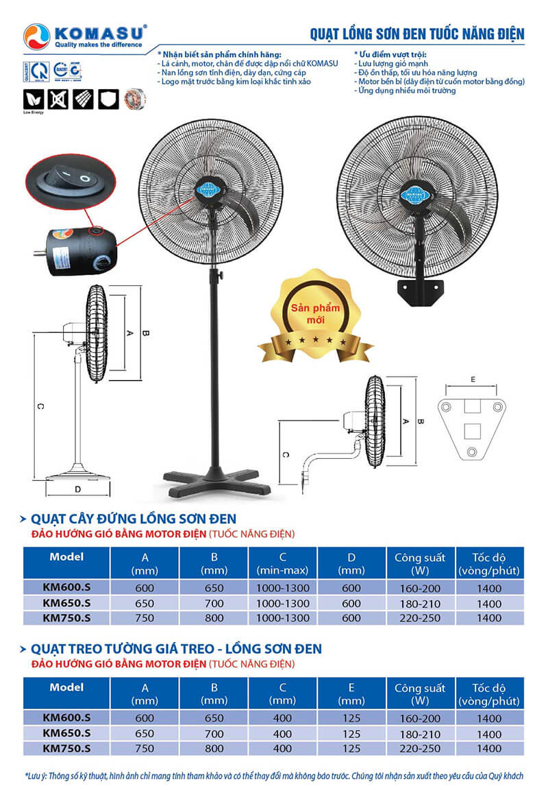 Thông số kỹ thuật quạt treo tường công nghiệp Komasu KM750.S
